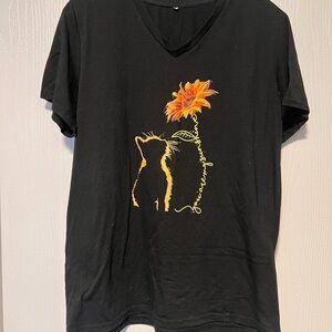 Black Cat and Flower Graphic T-Shirt